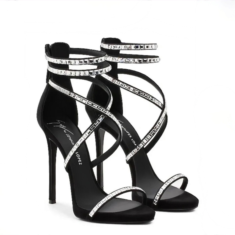 Giuseppe Zanotti Harlee Black Suede & Crystal Stiletto Heel Sandals US9
